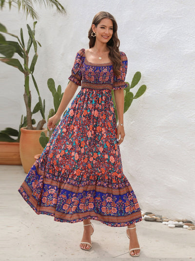 Women’s Maxi Dress – Smocked Bodice – Puff Sleeve – Side Slit – Bohemian Style