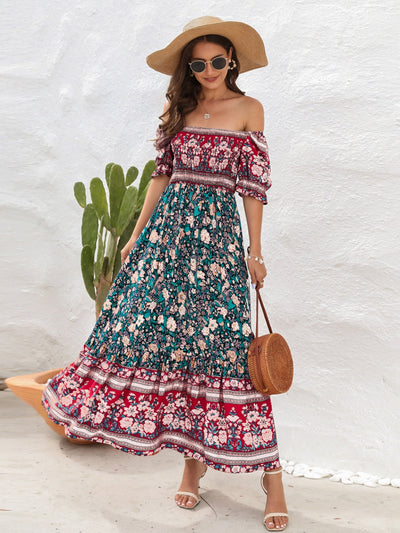 Women’s Maxi Dress – Smocked Bodice – Puff Sleeve – Side Slit – Bohemian Style