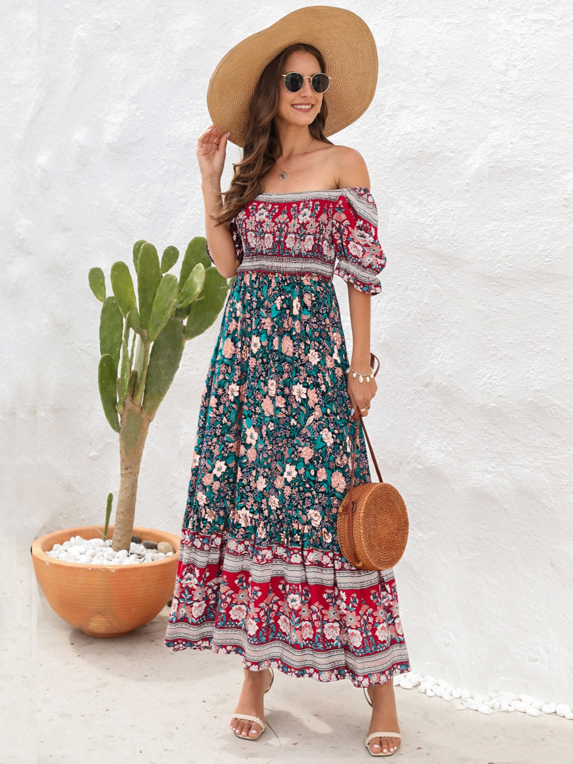 Women’s Maxi Dress – Smocked Bodice – Puff Sleeve – Side Slit – Bohemian Style