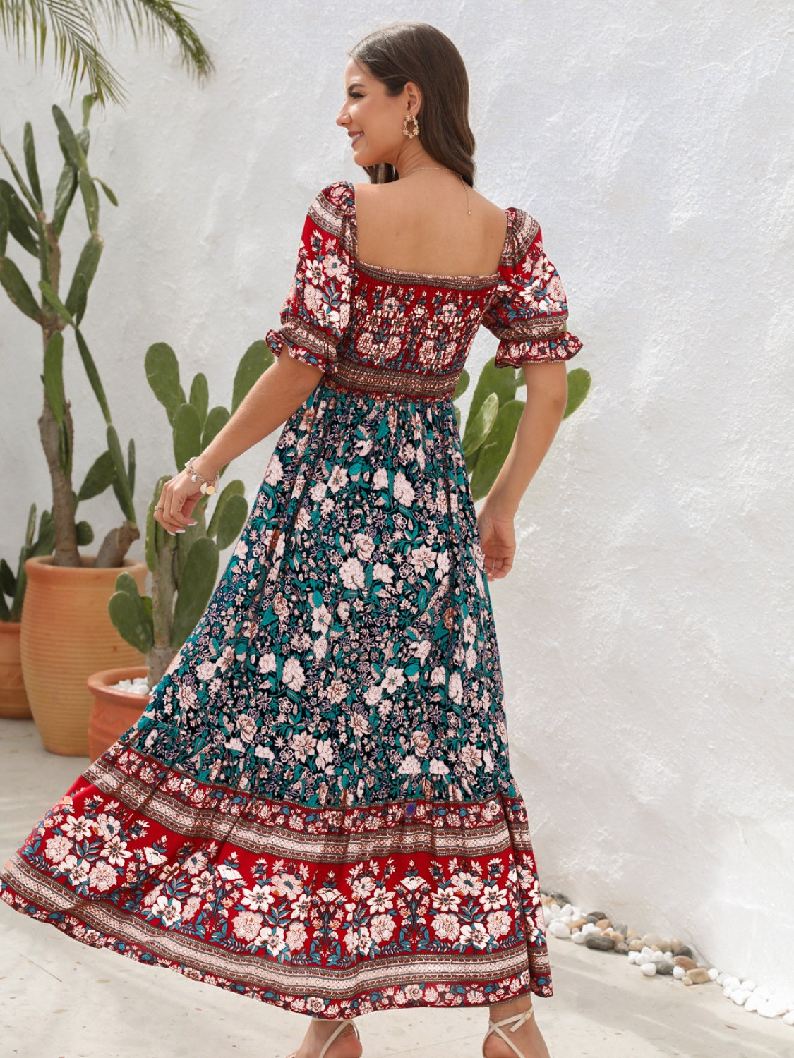 Women’s Maxi Dress – Smocked Bodice – Puff Sleeve – Side Slit – Bohemian Style