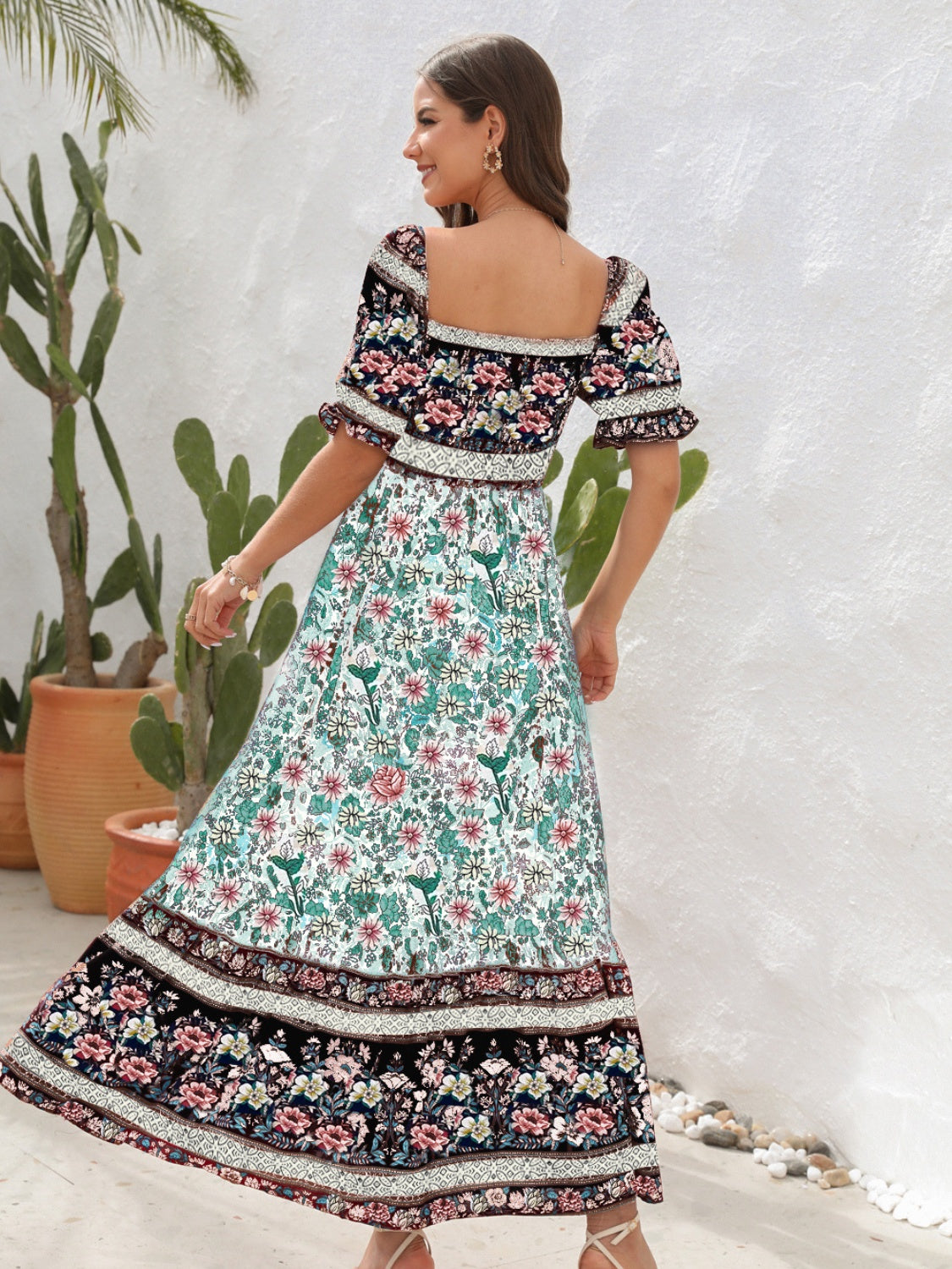 Women’s Maxi Dress – Smocked Bodice – Puff Sleeve – Side Slit – Bohemian Style
