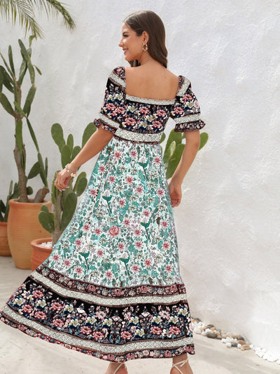 Women’s Maxi Dress – Smocked Bodice – Puff Sleeve – Side Slit – Bohemian Style