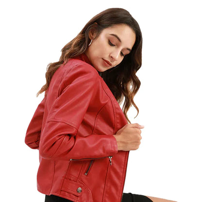 Women's PU leather jacket with standing collar and zippers