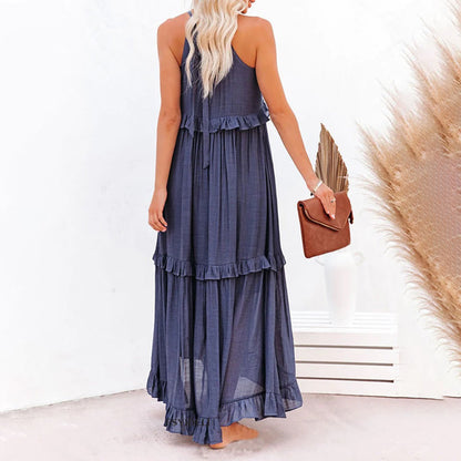 Women's Maxi Dress - Halter Neck - Sleeveless Flowing Fit - Tiered Ruffle Design