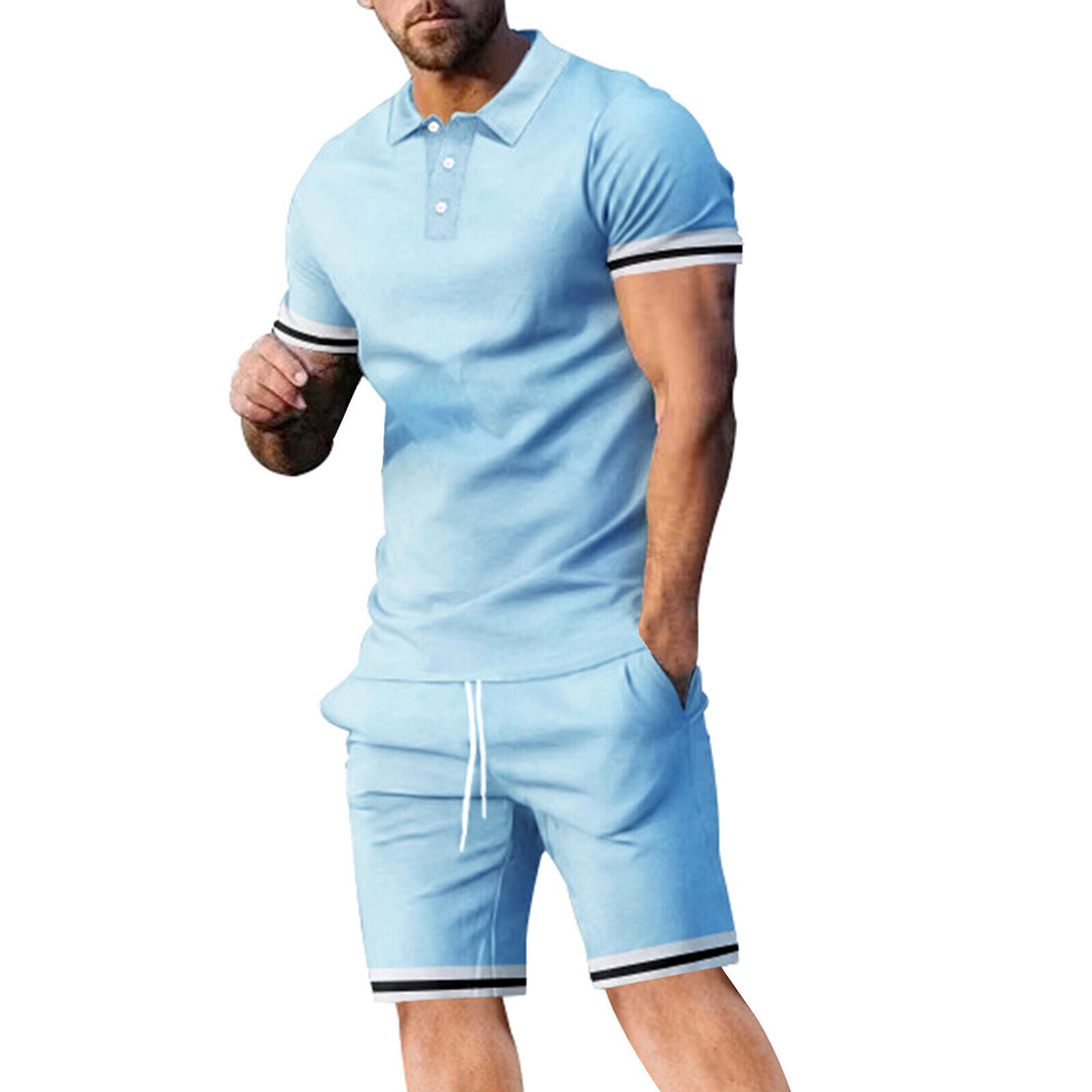 Men’s Polo Shirt and Shorts Set – Slim Fit – Breathable Blend – Sporty Stripe Detail