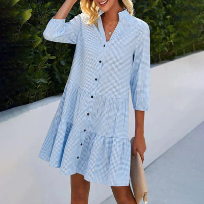 Women's A-Line Dress - Gingham Check - Button-Down - Tiered Design - 3/4 Sleeve