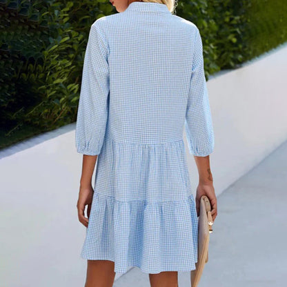 Women's A-Line Dress - Gingham Check - Button-Down - Tiered Design - 3/4 Sleeve