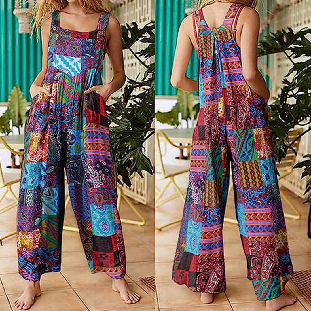 Women's Jumpsuit - Wide Leg Loose Fit - Sleeveless Square Neck - Casual Boho Style