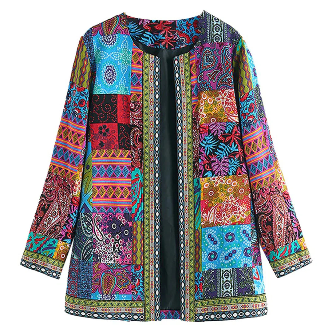 Women’s Cardigan – Soft Knit – Relaxed Fit – Open Front – Patchwork Design