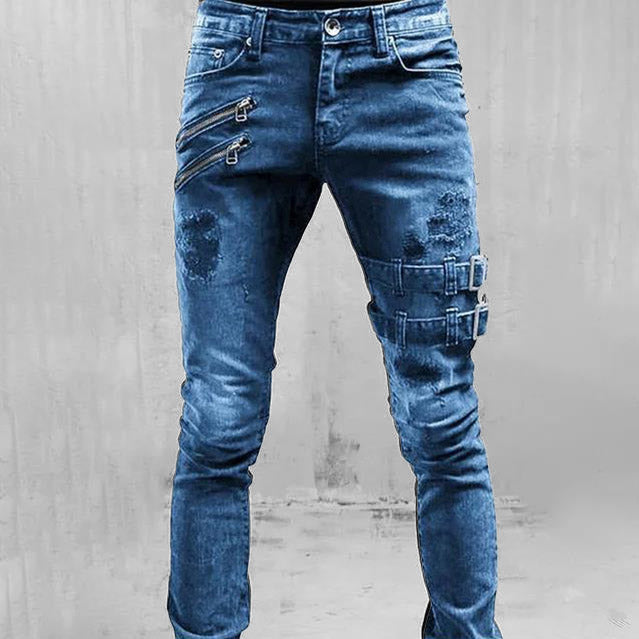 Ronaldo - Heren biker broek mode gesp punk skinny gescheurde jeans