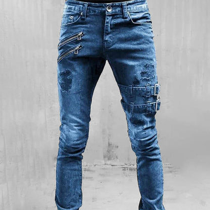 Men's biker pants buckle punk skinny ripped jeans