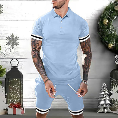 Men’s Polo Shirt and Shorts Set – Slim Fit – Breathable Blend – Sporty Stripe Detail