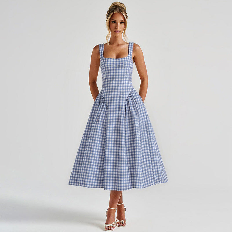 Women’s Midi Dress – Princess Silhouette – Square Neck – Checkered Pattern