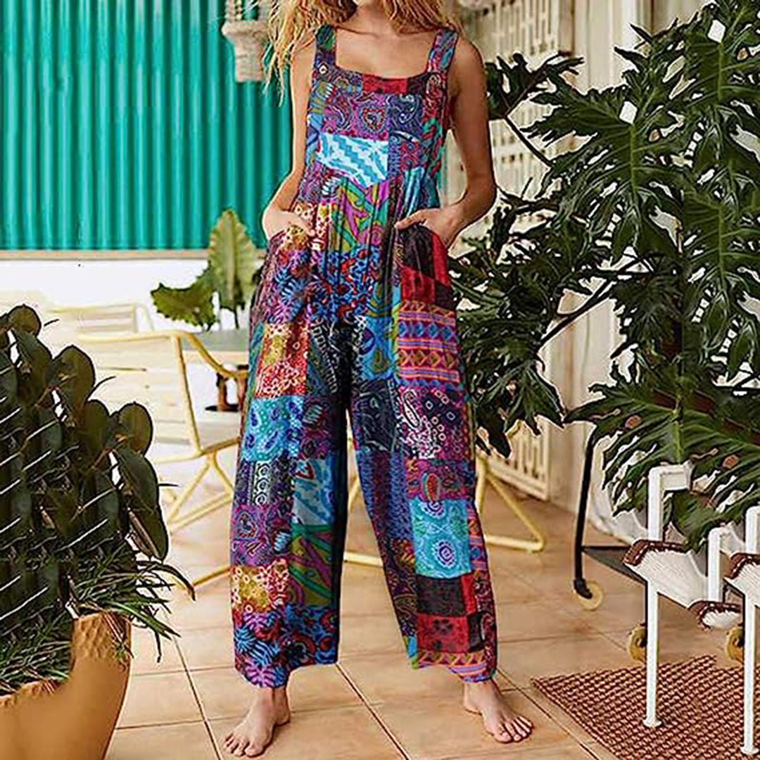 Women's Jumpsuit - Wide Leg Loose Fit - Sleeveless Square Neck - Casual Boho Style