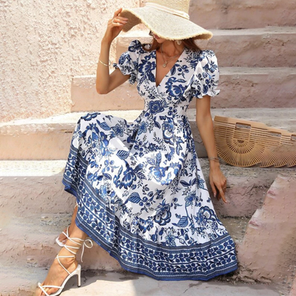 Women's Maxi Dress - Floral Print - Puff Sleeve V-Neck - Cinched Waist Flowy Fit