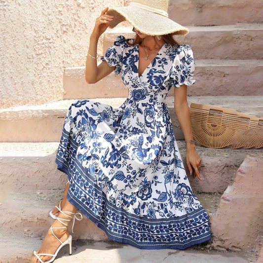 Women's Maxi Dress - Floral Print - Puff Sleeve V-Neck - Cinched Waist Flowy Fit