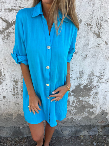 Women’s Shirtdress – Relaxed Fit – Button Front – Rolled Sleeves – Breathable Blend