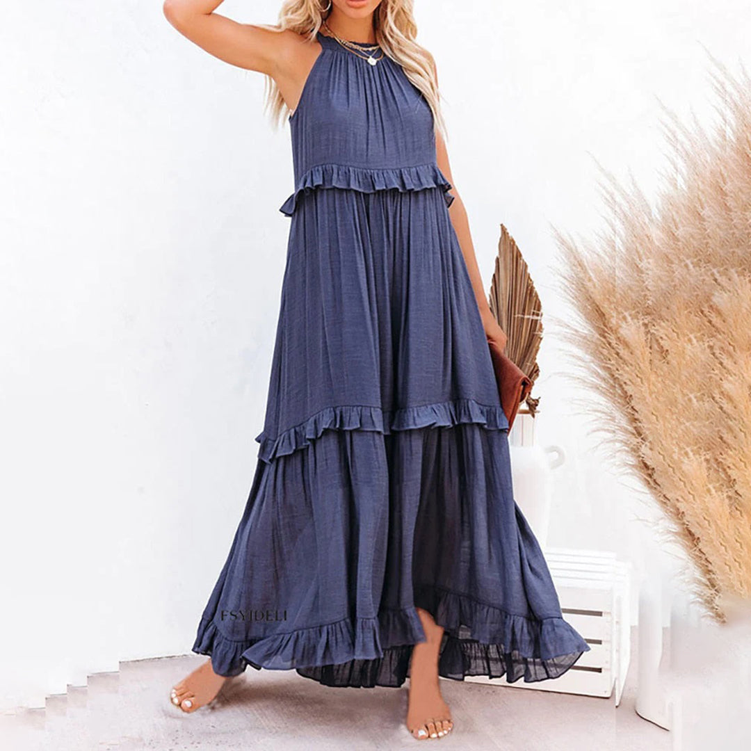 Women's Maxi Dress - Halter Neck - Sleeveless Flowing Fit - Tiered Ruffle Design