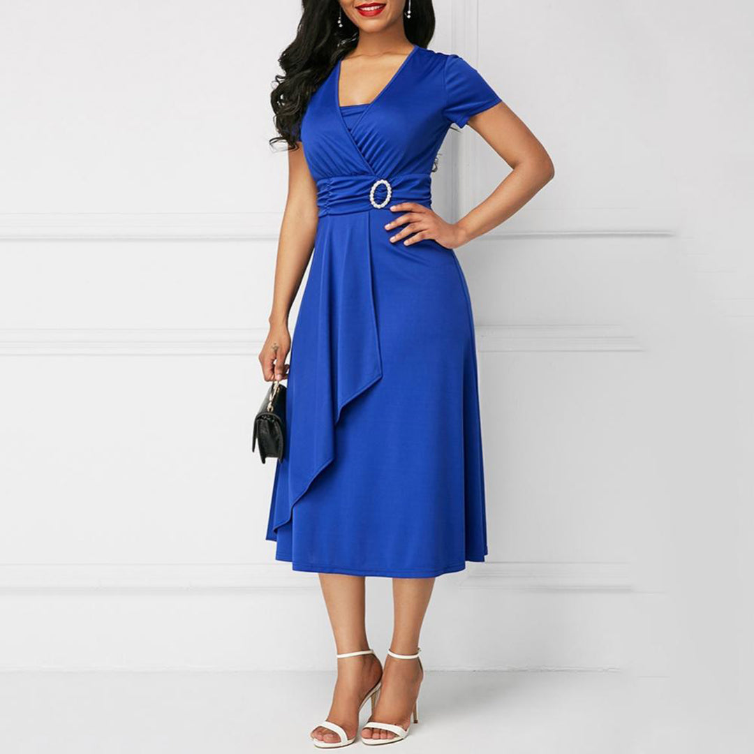 Women's Midi Dress - V-Neck Wrap Style - Short Sleeve Elegant Fit - Buckle Detail