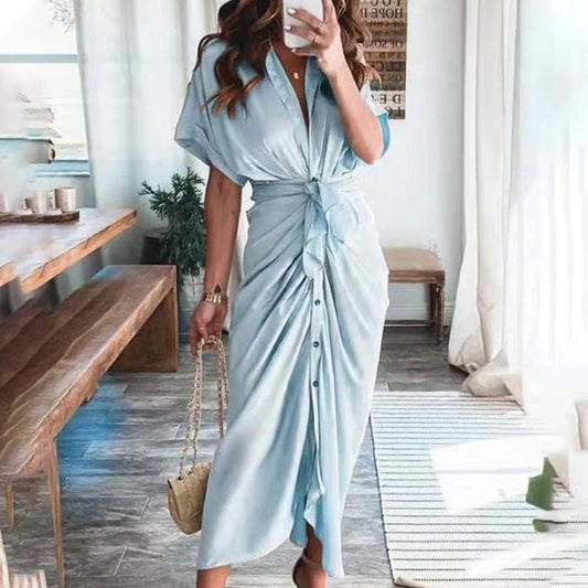 Women's Shirt Dress - Button Down - Waist Tie - Short Sleeve Flowy Midi Length