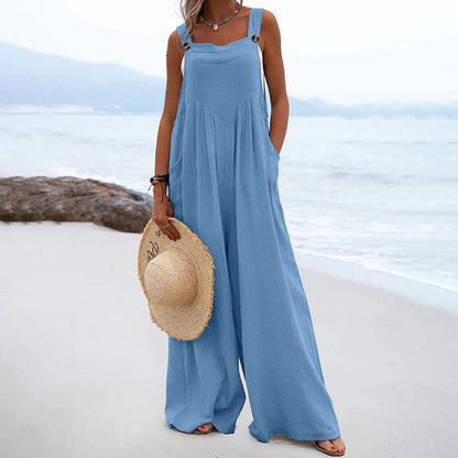 Women's Wide-Leg Jumpsuit - Sleeveless Loose Fit - Square Neck - Lightweight Cotton
