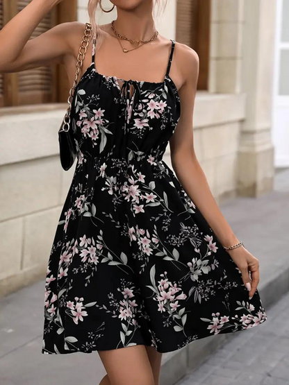 Women's Floral Print Dress - Sleeveless Spaghetti Straps - Scoop Neck Tie Detail - A-Line Fit