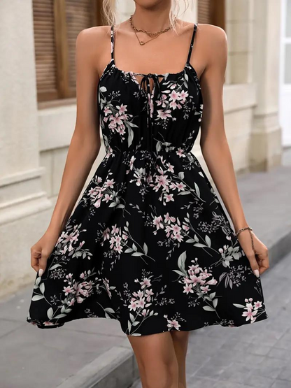 Women's Floral Print Dress - Sleeveless Spaghetti Straps - Scoop Neck Tie Detail - A-Line Fit