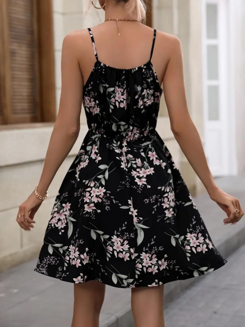 Women's Floral Print Dress - Sleeveless Spaghetti Straps - Scoop Neck Tie Detail - A-Line Fit