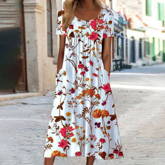 Women’s Midi Dress – A-Line Fit – Floral Print – Short Sleeve – Breathable Blend – Pockets