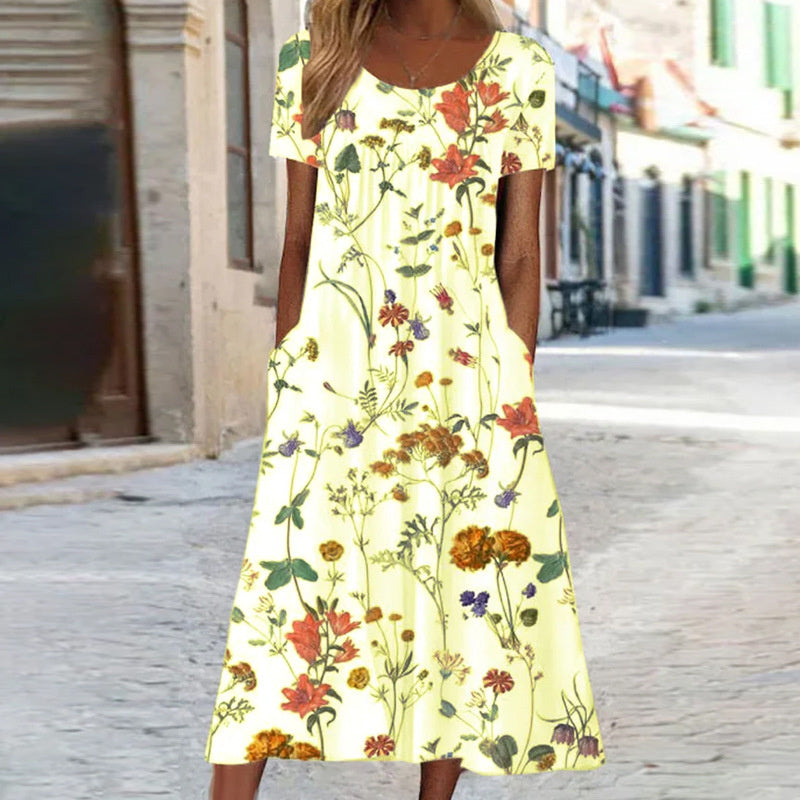 Women’s Midi Dress – A-Line Fit – Floral Print – Short Sleeve – Breathable Blend – Pockets