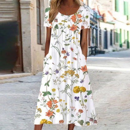 Women’s Midi Dress – A-Line Fit – Floral Print – Short Sleeve – Breathable Blend – Pockets