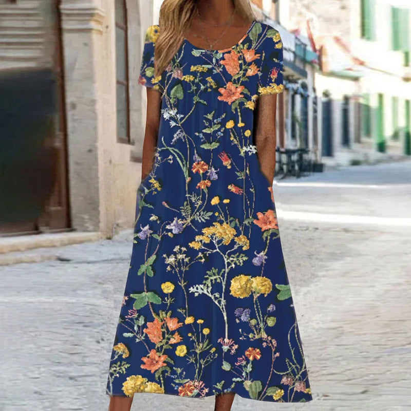 Women’s Midi Dress – A-Line Fit – Floral Print – Short Sleeve – Breathable Blend – Pockets