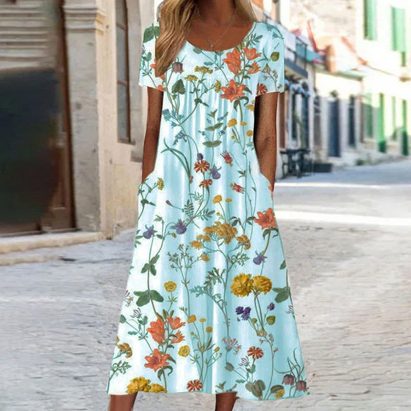 Women’s Midi Dress – A-Line Fit – Floral Print – Short Sleeve – Breathable Blend – Pockets