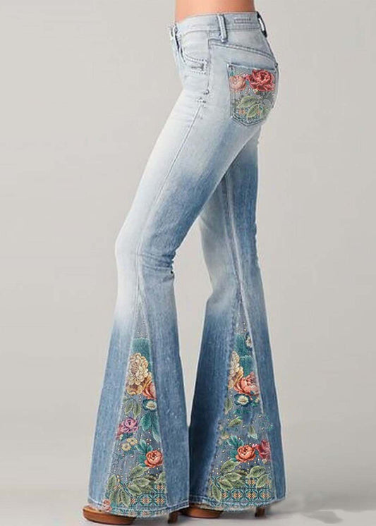 Women’s Flare Jeans – High Waist – Embroidered Patchwork – Retro Boho Style – Full Length