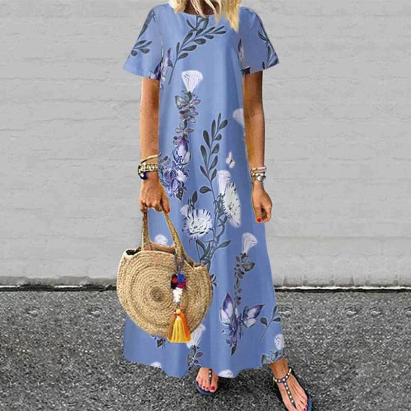 Women’s Maxi Dress – Relaxed Fit – Short Sleeve – Natural Fibers – Floral Print