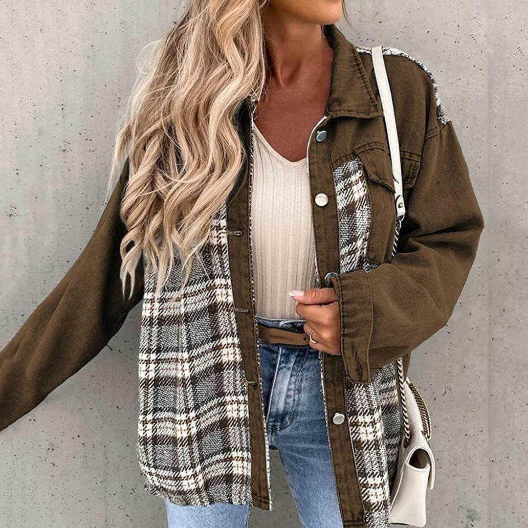 Women’s Casual Jacket – Relaxed Fit – Button Front – Patchwork Plaid Panels