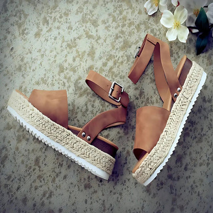 Women's Platform Sandals - Espadrille Sole - Adjustable Ankle Strap - Toe Band