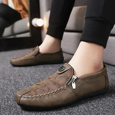 Men’s Slip-On Loafers – Leather – Moccasin Stitch – Metal Zip – Classic Fit