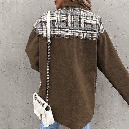 Women’s Casual Jacket – Relaxed Fit – Button Front – Patchwork Plaid Panels