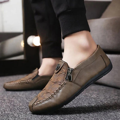 Men’s Slip-On Loafers – Leather – Moccasin Stitch – Metal Zip – Classic Fit