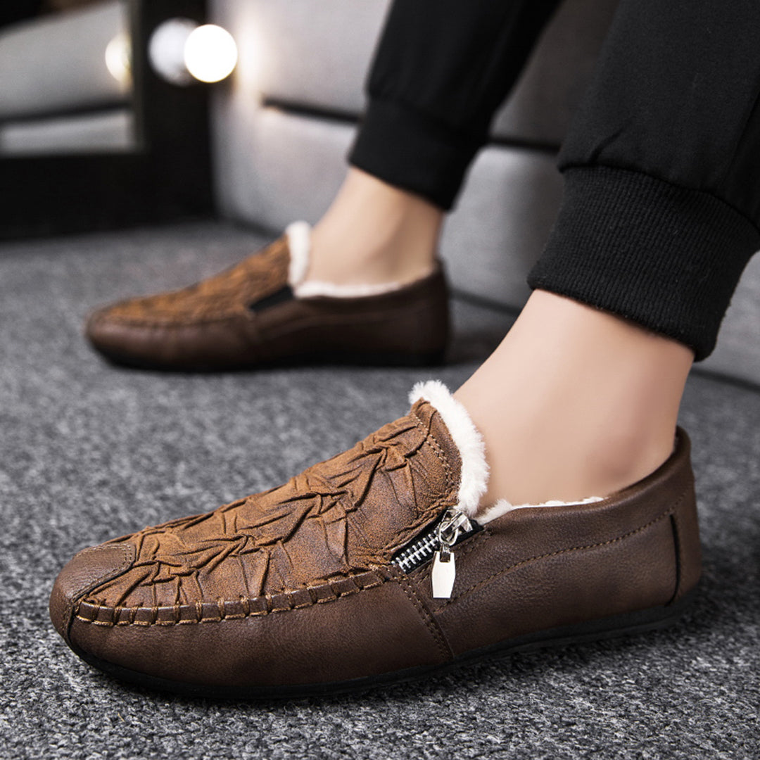Men’s Slip-On Loafers – Leather – Moccasin Stitch – Metal Zip – Classic Fit