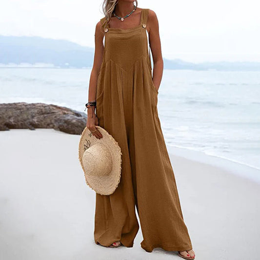 Women's Wide-Leg Jumpsuit - Sleeveless Loose Fit - Square Neck - Lightweight Cotton