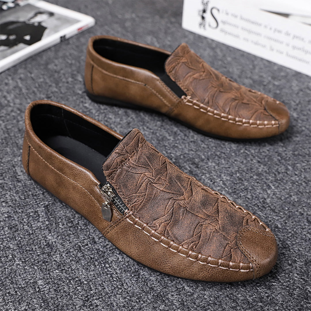 Men’s Slip-On Loafers – Leather – Moccasin Stitch – Metal Zip – Classic Fit