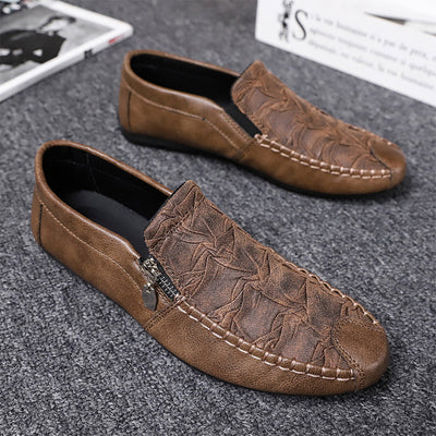 Men’s Slip-On Loafers – Leather – Moccasin Stitch – Metal Zip – Classic Fit