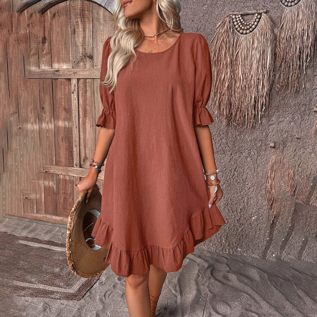 Women's A-Line Dress - Puff Sleeves - Round Neck - Ruffle Hem - Casual Elegant