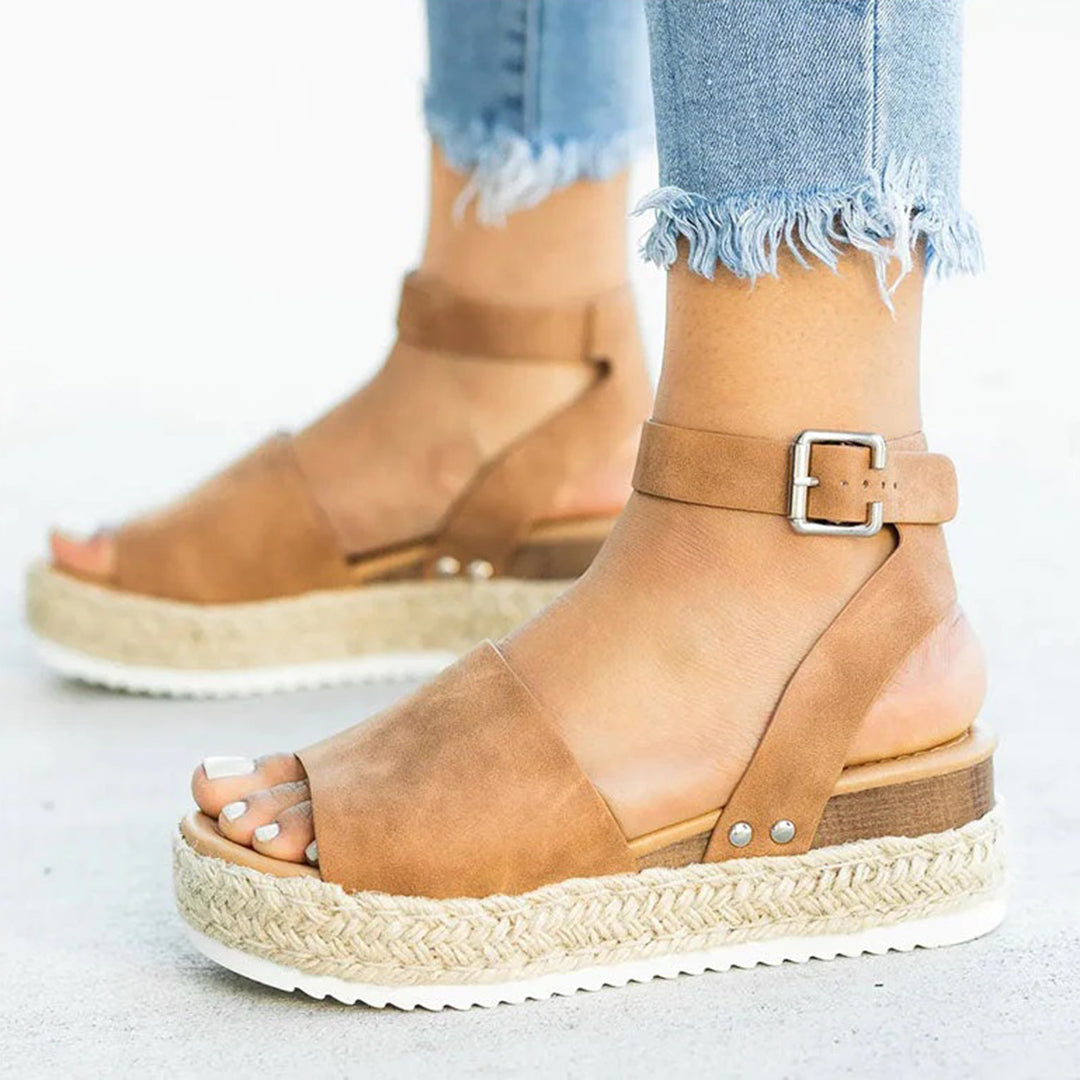 Women's Platform Sandals - Espadrille Sole - Adjustable Ankle Strap - Toe Band