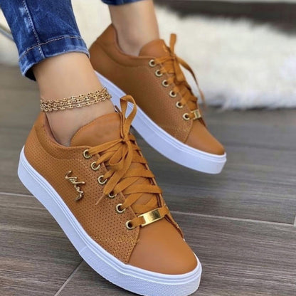 Women's Casual Sneakers - Breathable Leather - Lace-Up - Cushioned Sole - Everyday Wear