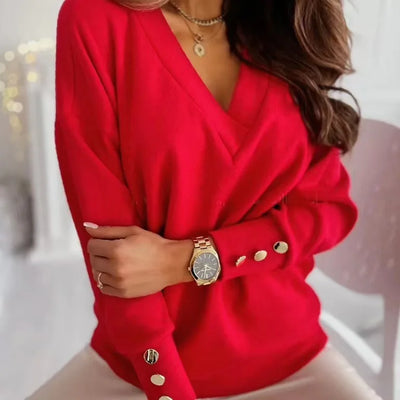 Women's V-Neck Sweater - Knitted Fabric - Long Sleeves with Button Detail - Relaxed Fit