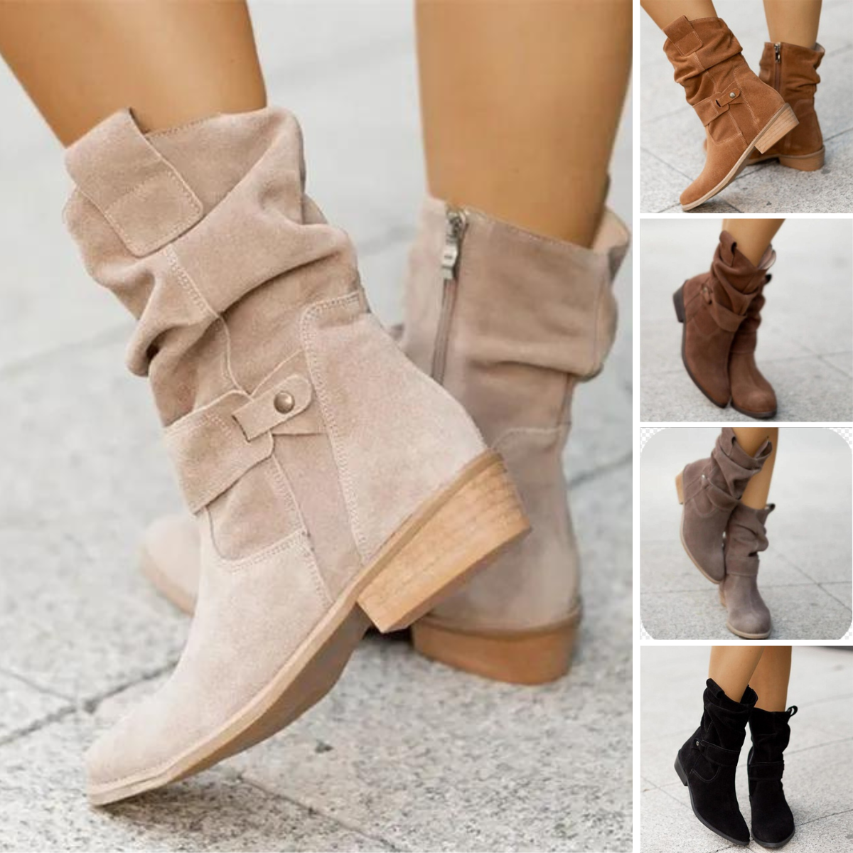 Women's low heeled boots with side zippers