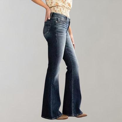 Women's mid-waist slim fit stretch retro flared jeans